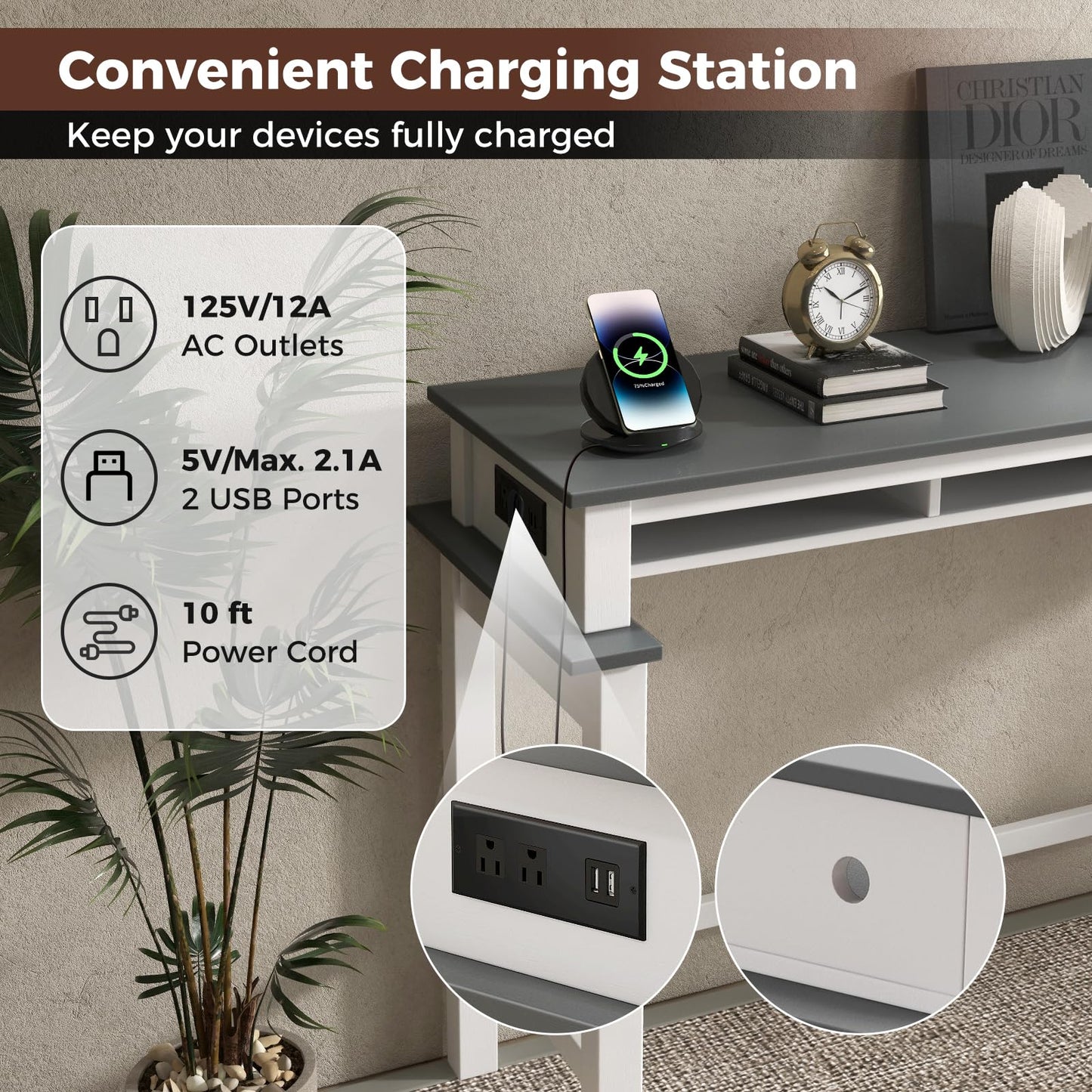 Giantex White and Grey Counter Height Bar Table with Power Outlets and Storage Compartments - WoodArtSupply