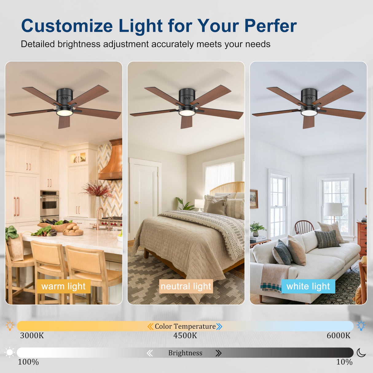Ohniyou Ceiling Fan with Lights, 48" Flush Mount Ceiling Fan with Light and Remote, Low Profile, Reversible Motor, Dimmable for Bedroom Living Room, Walnut Ohniyou