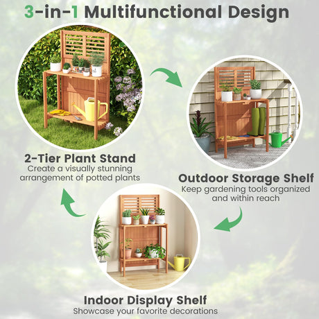 Toolsempire Garden Potting Bench Table, Folding Potting Bench Outdoor Workstation with Trellis & 2-Tier Shelves, Wood Potting Table for Outdoor, Deck, Balcony, Garden, Backyard Toolsempire