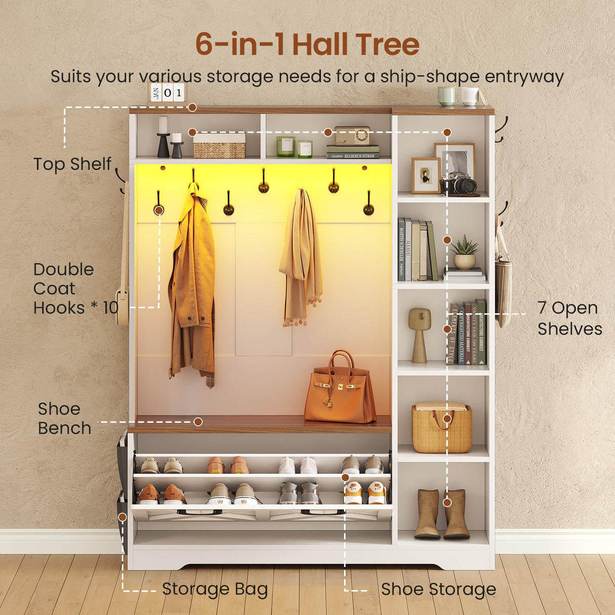 Itaar Hall Tree with Bench and Shoe Storage, Farmhouse Entryway Bench with Coat Rack, Shoe Cabinet with Flip Drawers, 7 Shelves, 10 Coat Hooks, Storage Bag, Led Lights, White Itaar