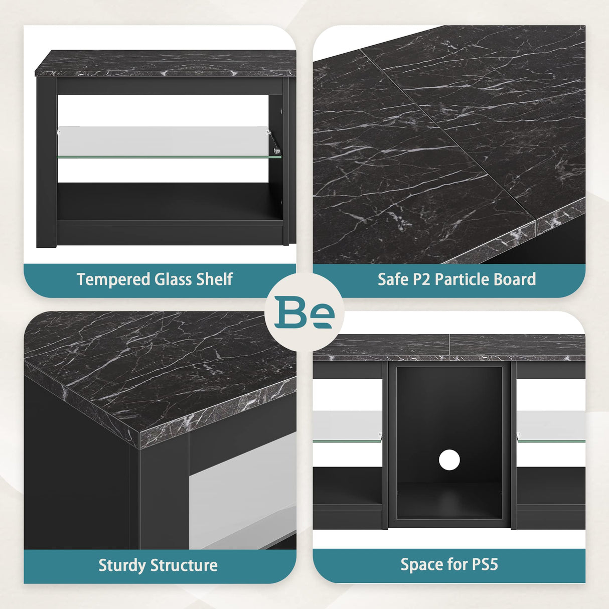 Bestier TV Stand for 70 inch TV, Gaming Entertainment Center for PS5, LED TV Cabinet with Glass Shelves for Living Room, 63'' Inch, Marble Black Bestier