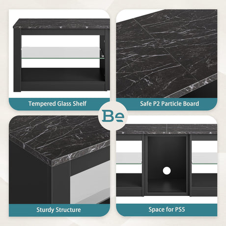 Bestier TV Stand for 70 inch TV, Gaming Entertainment Center for PS5, LED TV Cabinet with Glass Shelves for Living Room, 63'' Inch, Marble Black Bestier