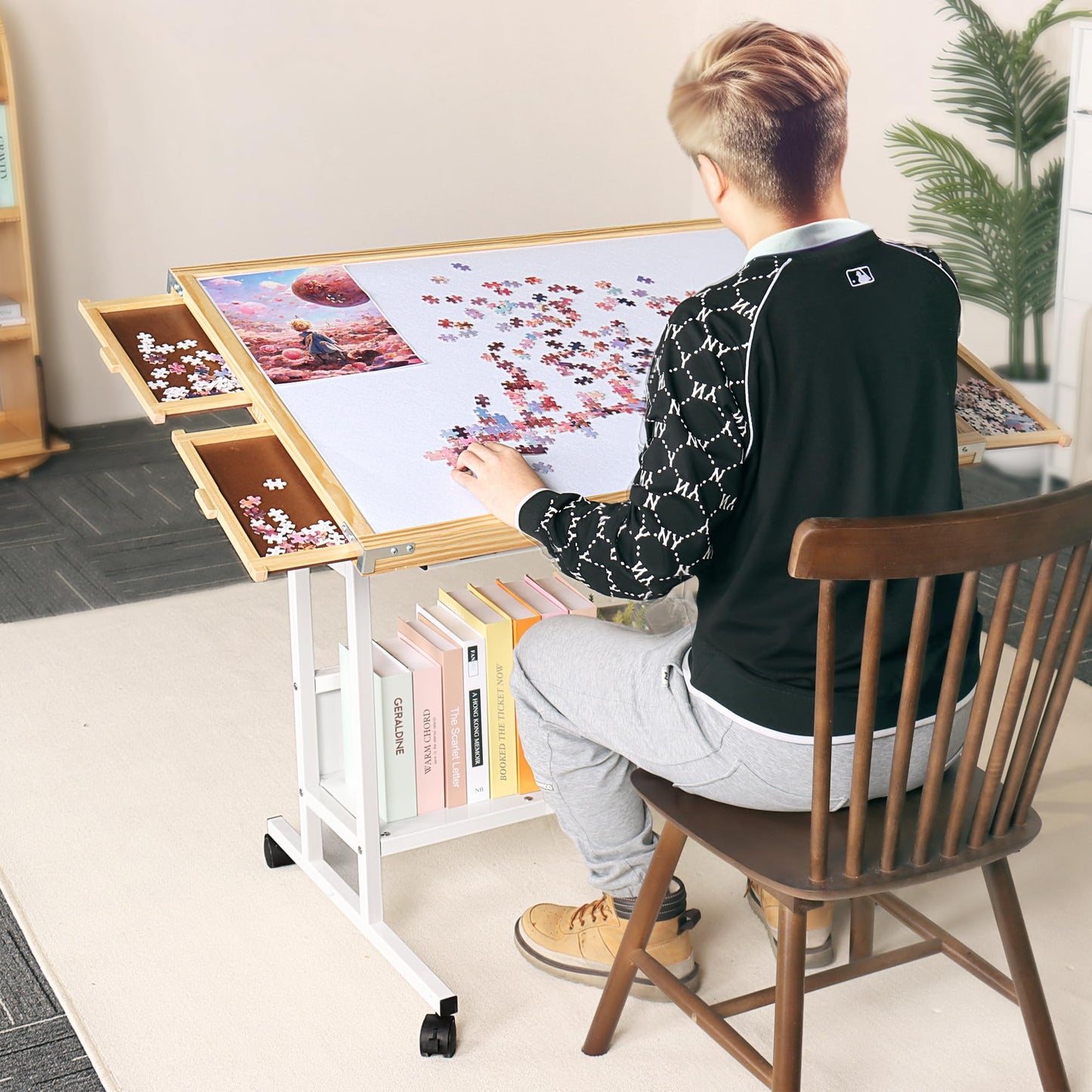 Mifuro 1500 PCS Puzzle Table/w Built-in Whiteboard， 26"x35" Height Adjustable Jigsaw Wooden Puzzle Board with Drawers and Wheels，5-Tilting-Angle Enclosed Jigsaw Puzzle Desk for Adults，White - WoodArtSupply