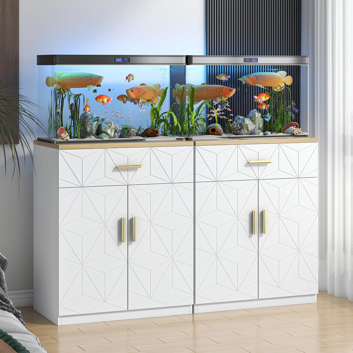 Saudism 20 Gallon Fish Tank Stand with Charging Station, 10 Gallon Aquarium Stand, White Tank Stand, Fish Tank Table with Drawer and Cabinet, Sturdy and Durable Saudism