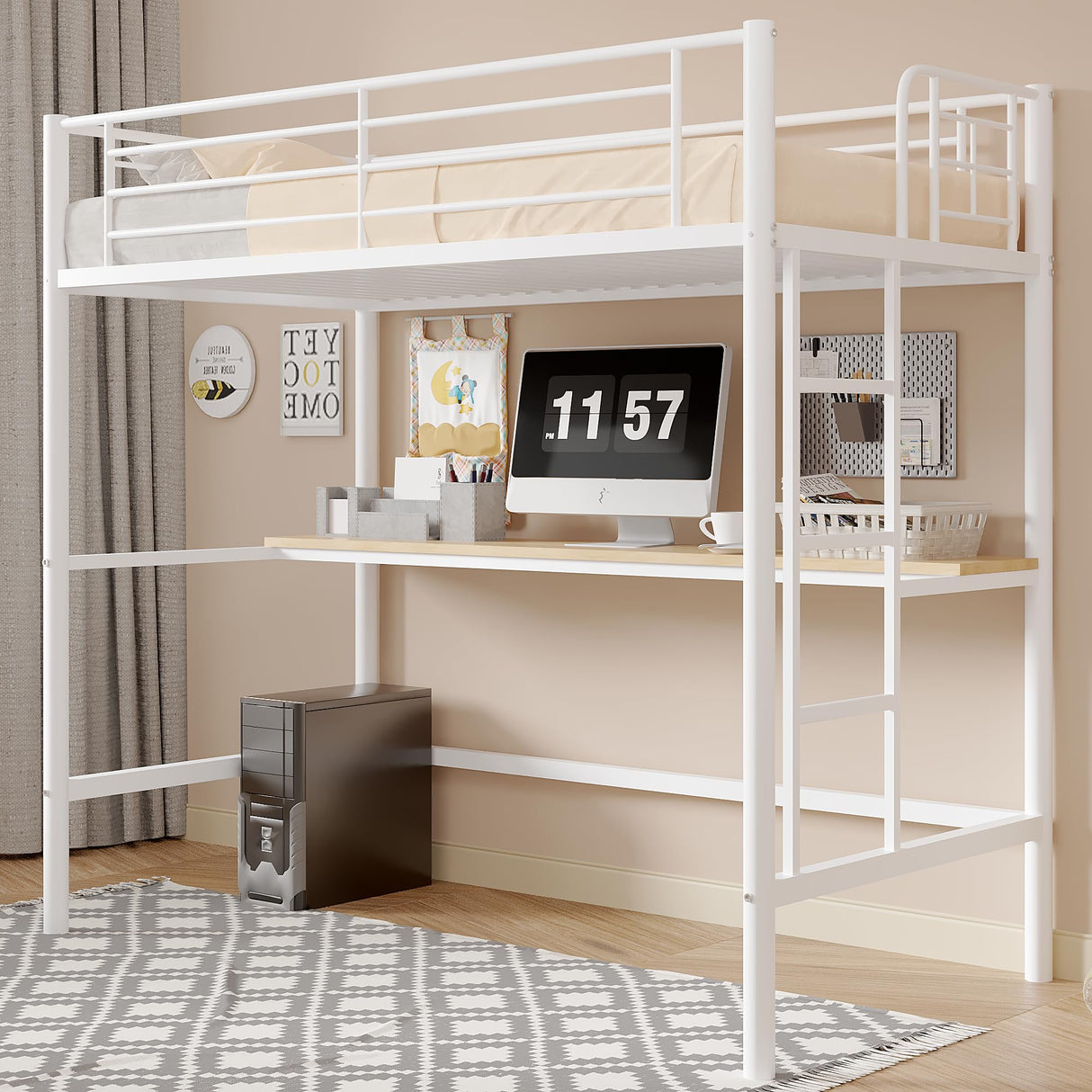 VECELO Loft Bed Twin Size with Desk, Metal Bedframe with Removable Ladder and Safety Guardrail, No Box Spring Needed, Space Saving, Noise Free, Pure White VECELO