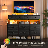 Dresser for Bedroom with 10 Drawers & Shoe Rack Fabric Dressers & Chests of Drawers with LED Lights and Power Outlets Bedroom Dresser for Entryway, Halfway, Closet (Charcoal Black) EnHomee