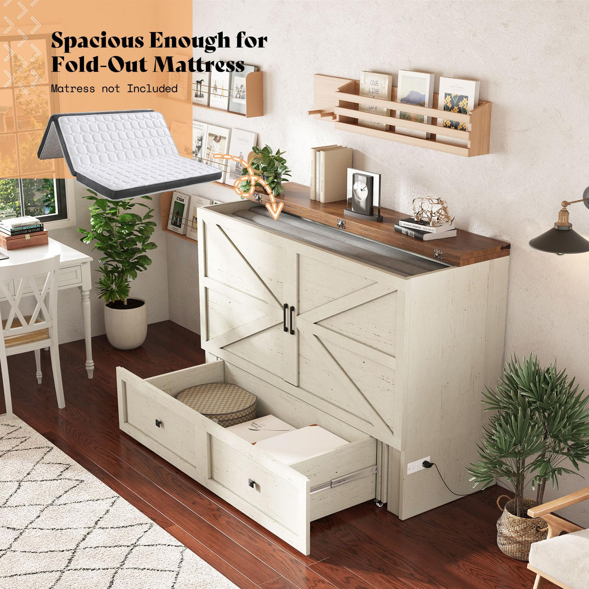 AMERLIFE Queen Murphy Bed with Storage & Charging Station, Farmhouse Murphy Cabinet with Foldable Panel, Noisy Free, for Guest Bedroom, Living Room, Office, Distressed White & Barnwood AMERLIFE