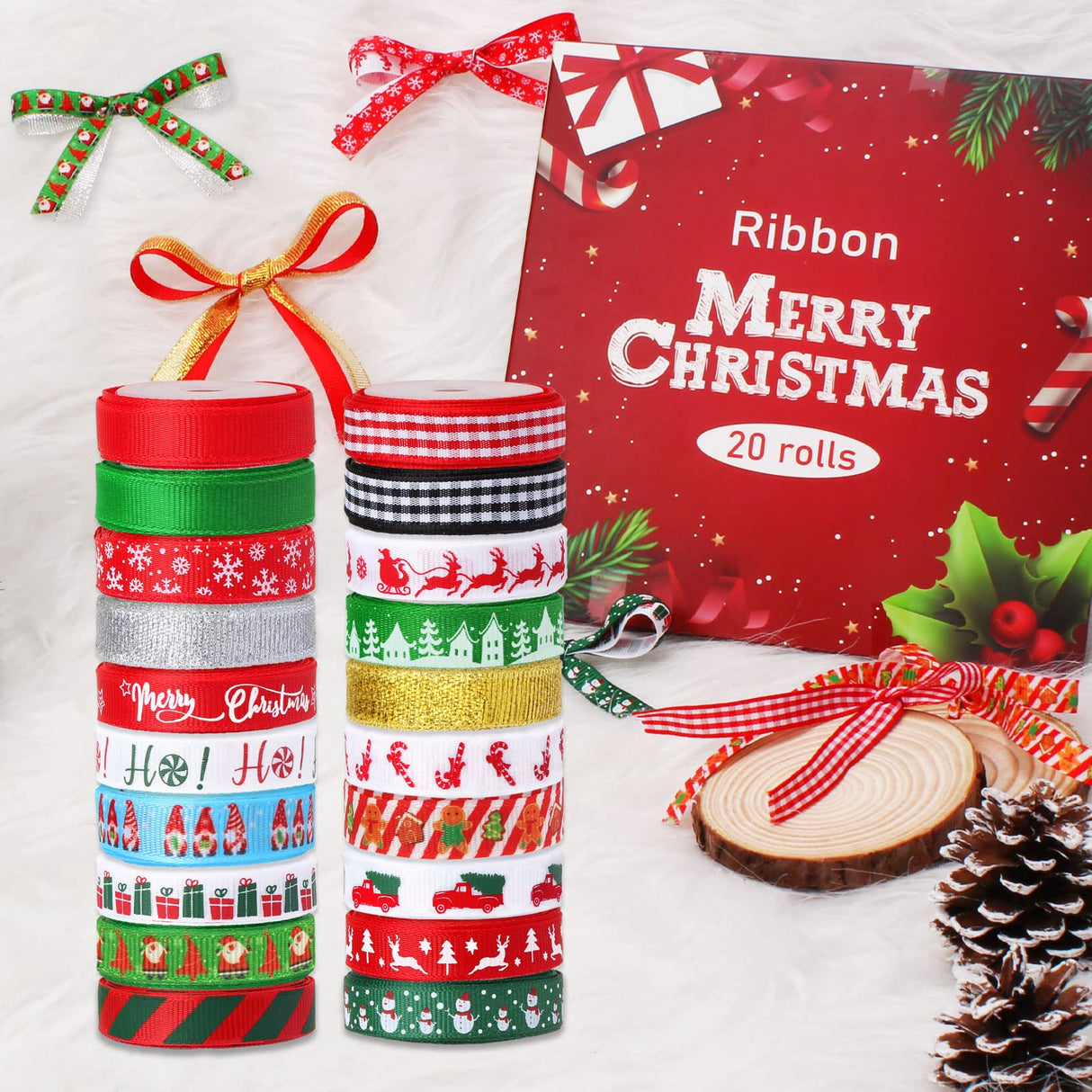 Christmas Ribbon 3/8 Inch,20 Rolls 100 Yards Christmas Grosgrain Ribbon,Christmas Ribbon for Gift Wrapping Crafts DIY Holiday Xmas Decorations Vloso