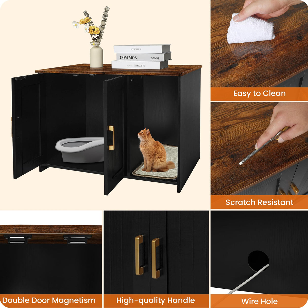 Dwanton Litter Box Enclosure, Cat Litter Box Furniture Hidden, with Scratching Mat, Wooden Cat Washroom Indoor, 31.5" L x 19.7" W x 21.7" H, Black and Rustic Brown Dwanton