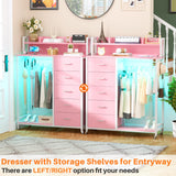 Cyclysio Dresser for Bedroom with Clothes Rack & Shelves, Pink 5 Drawers Dresser with Charging Station & LED Lights, Chest of Drawers with Lockable Wheels, Storage Shelves, Bedroom, Closet,Entryway Cyclysio