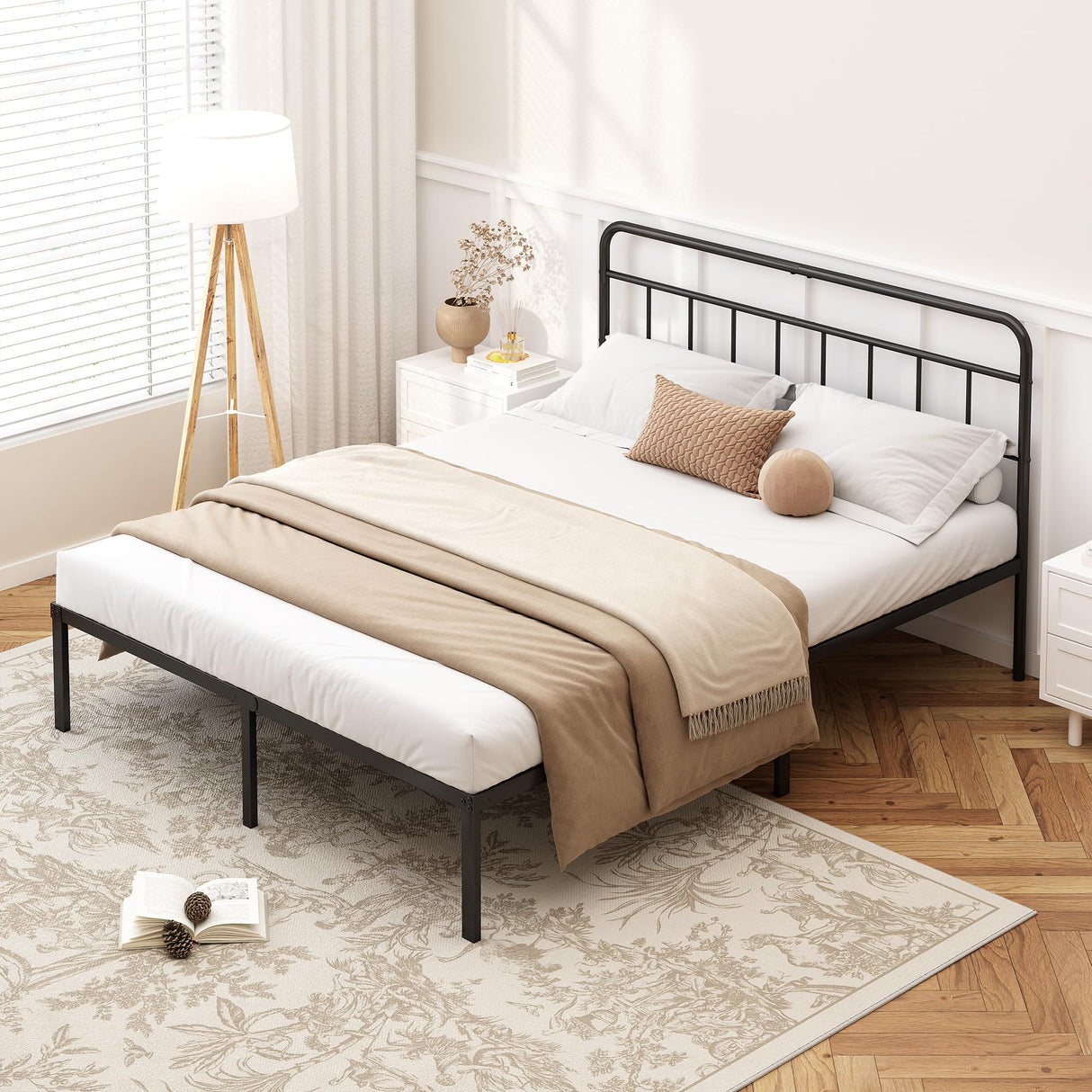 Kujielan 12 inches Full Size Bed Frame with Minimalist headboard,Metal Platform Base with Strong Metal Slats,Mattress Foundation for Under Bed Storage,Easy Assembly,Black Kujielan