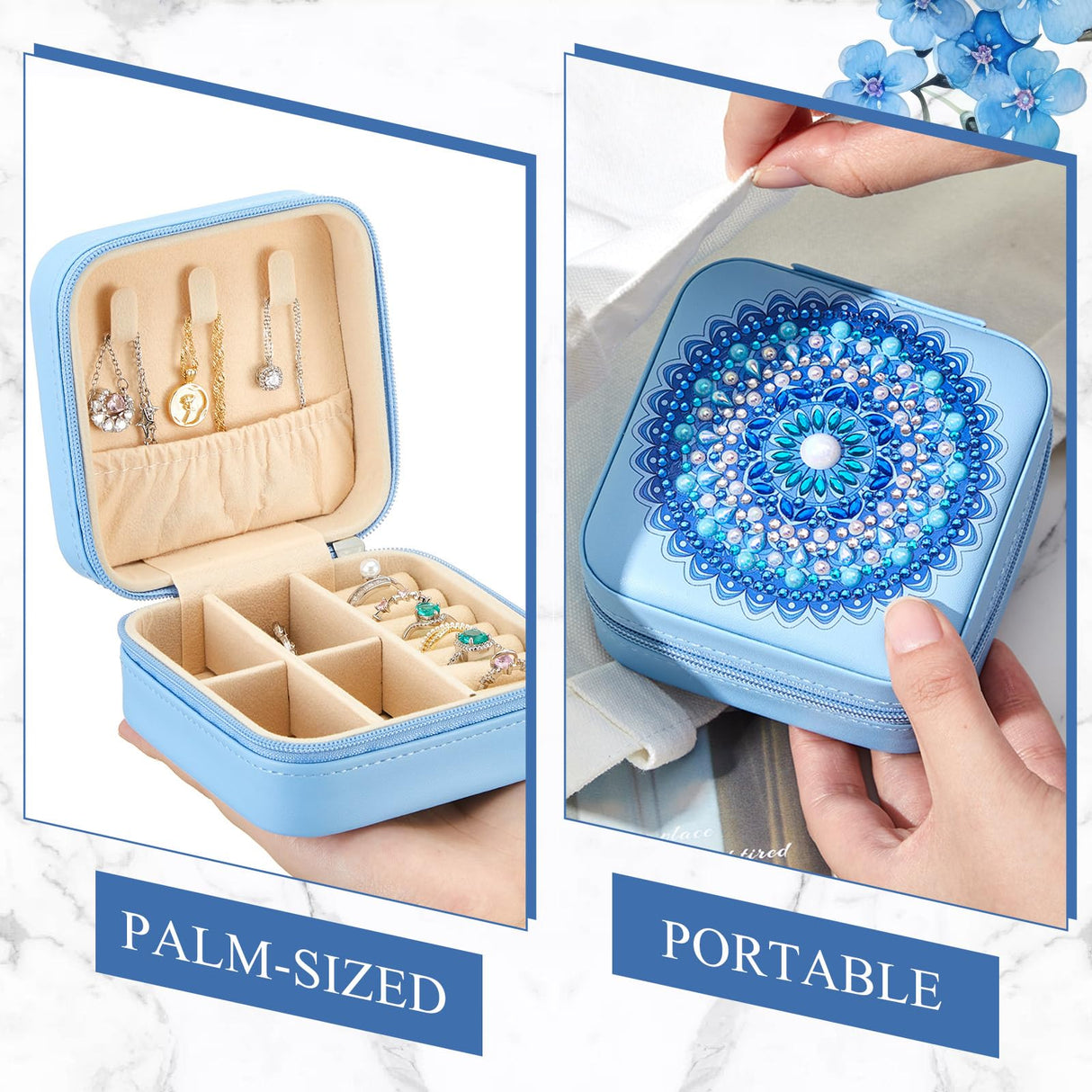 Hinly 2 Pcs Portable Diamond Painting Jewelry Storage Box Mandala Diamond Art Accessories Blue PU Leather Jewelry Ring Organizer Case Travel Jewelry Organizer Hinly