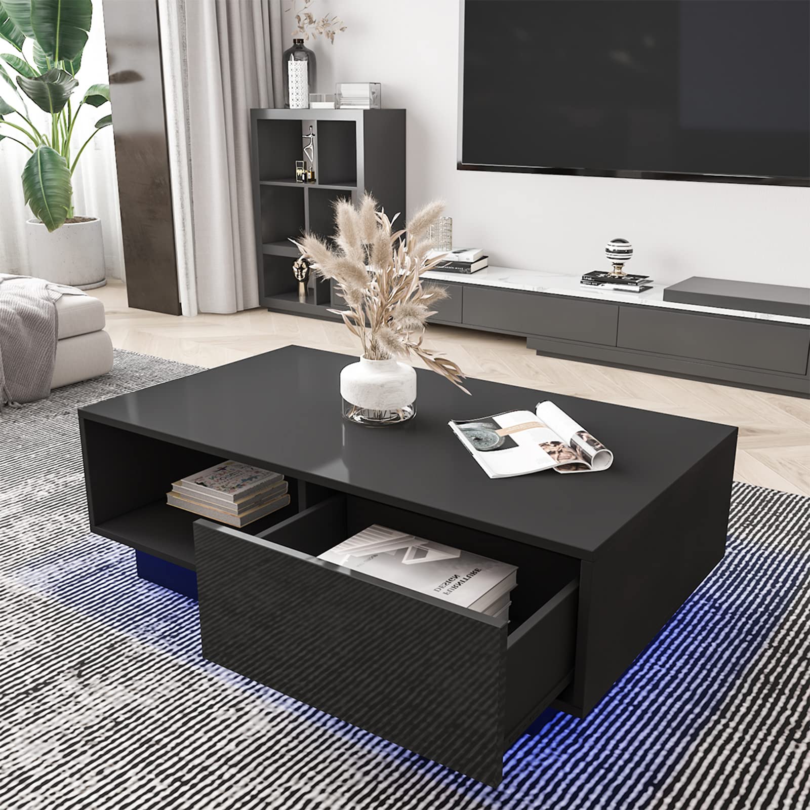 HOMMPA Led Coffee Table Black Low Profile Matte Coffee Table with High Gloss Tabletop and Storage Drawers Modern Small Center Coffee Table with Plug in Wired Led Light for Living Room 13" Tal - WoodArtSupply