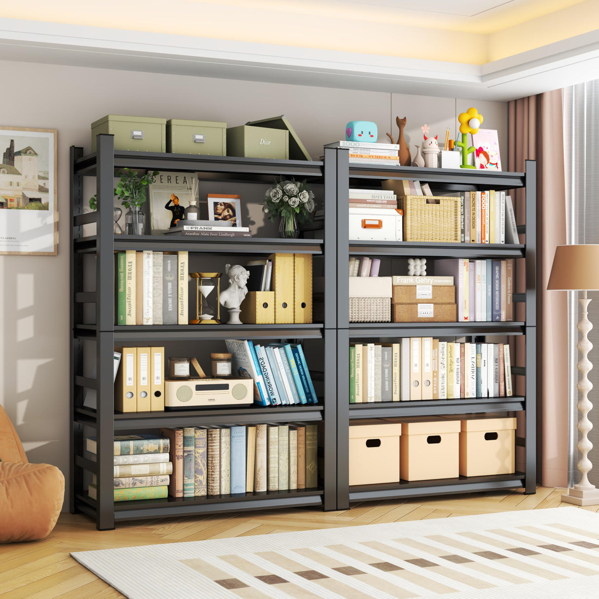 BEESTMUEBLE 5 Tiers Book Shelf, 48 Wide Bookcase,Metal Black Bookshelves, Living Room Shelves, Open Shelf Bookcase with Fences, Book Shelves for Bedroom/Office/Study, 47.2" W*23.6" D*72" H BEESTMUEBLE