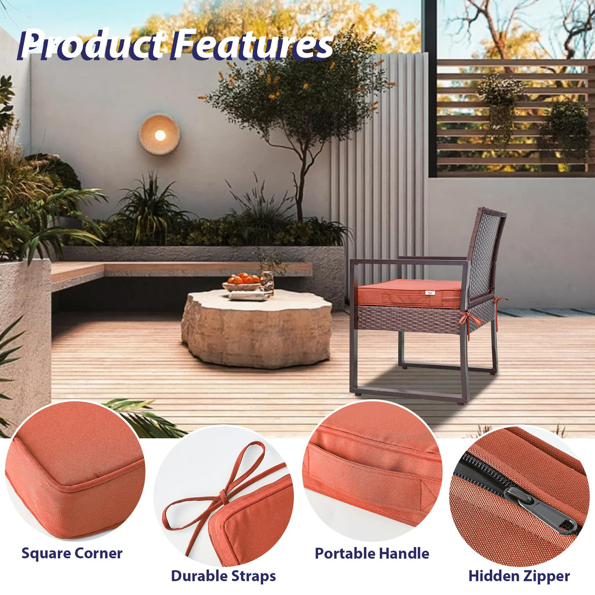 IPYNBAP Outdoor Chair Cushions Set of 4，Waterproof Outdoor Seat Cushions for Patio Furniture，Patio Chair Cushions with Handle and Ties, Square Corner Outdoor Chair Pads, 19" x 19" x 3", Spice IPYNBAP