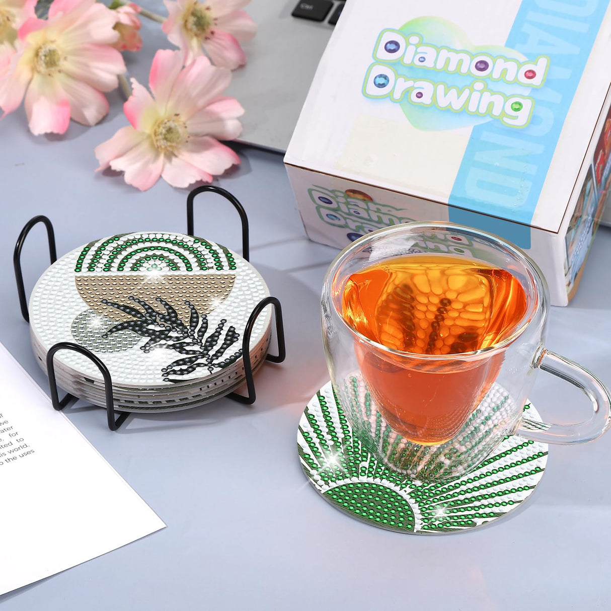 Ovveroche 8 Pcs Diamond Art Painting Coasters with Holder, Diamond Art Coasters Abstract Diamond Art Kits for Adults Beginner Craft Supplies Ovveroche