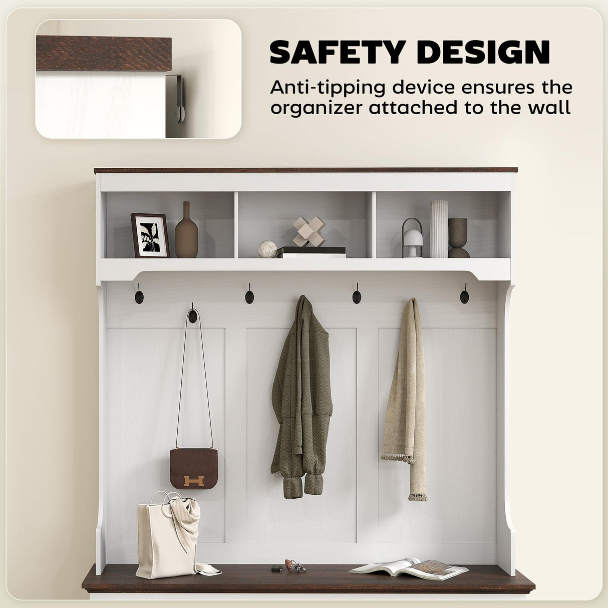 HOMCOM 3-in-1 Hall Tree with Shoe Storage, Standing Coat Rack with Shoe Bench, Entryway Furniture with Seven Hooks, White Wood Grain HOMCOM