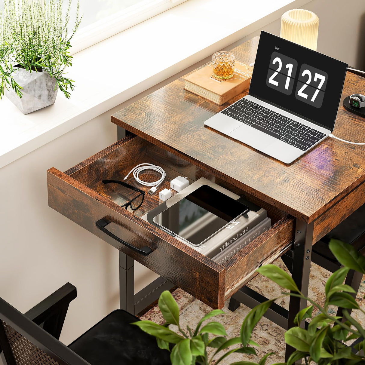 ODK 24 inch Bar Table with Power Outlets, Bar Height Pub Table, Counter Height Bar Table, High Top Kitchen & Dining Counter Tables with Sturdy Legs & Easy-to-Clean Top, Indoor use, Vintage ODK