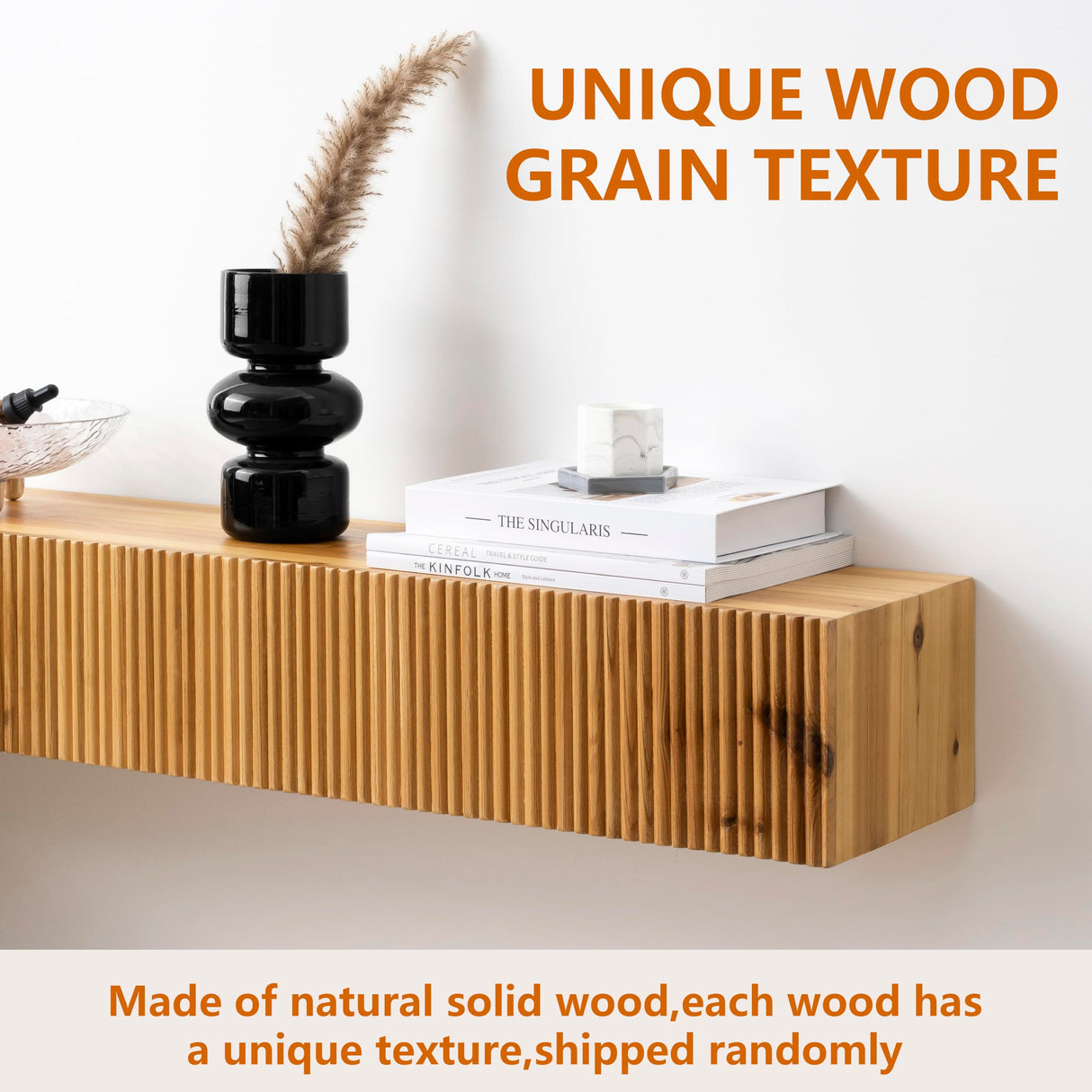 blingworld Fireplace Mantle, 60" Fluted Floating Mantel Shelf for Over Fireplace or Under TV, Rustic Handcrafted Wood Floating Shelves for Living Room Bedroom Kitchen Wall Decor, Natural blingworld