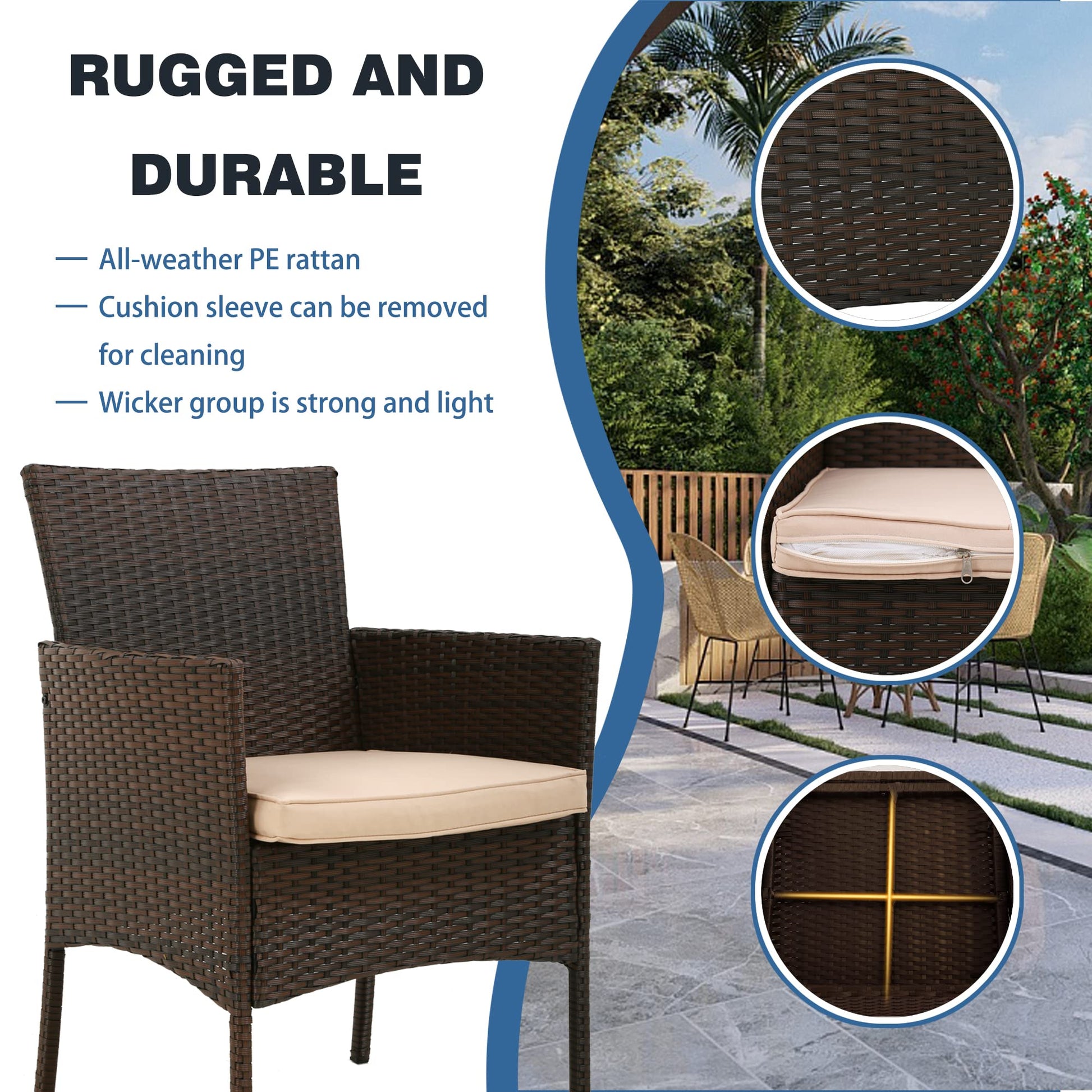 FDW Patio Bistro Conversation Set Wicker Furniture 2 Rattan Chairs Cushions and Glass Coffee Table for Porch Lawn Garden Balcony Backyard, 3 Pieces, Brown and Khaki - WoodArtSupply