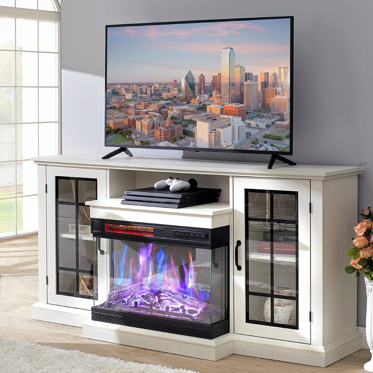 AMERLIFE 3-Sided Glass Fireplace TV Stand for TVs up to 65'' with 12 Color, Media Entertainment Center Console Table with Doors Closed Storage, Distressed White AMERLIFE