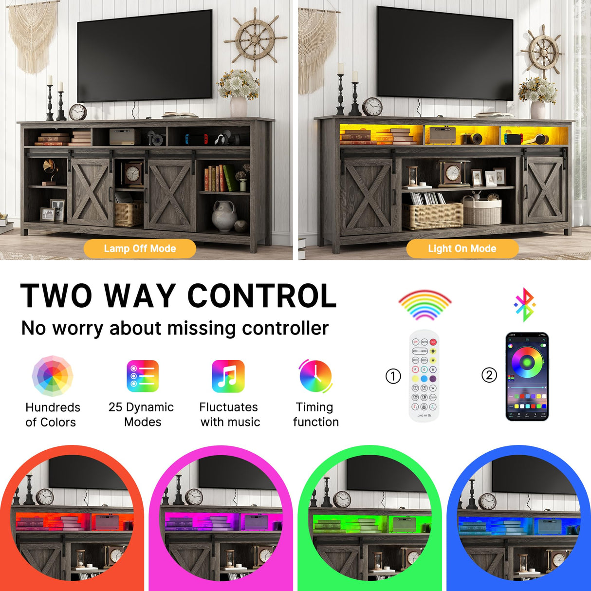 Vinctik 6&Fox 70in Wooden Farmhouse Entertainment Center for 80/75 inch TV,Double Layer Storage Farmhouse TV Stand,Double-Row Sockets with Wood Sliding Barn Door TV Stand(Double Layer Grey Wash) Vinctik 6&Fox