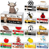 Briwooody 27 Pcs Interchangeable Table Decor Seasonal Bee Lemon Highland Cow Sign Farmhouse Mini Wood Book Stack Spring Summer Tiered Tray Decor for Home Office Desk Shelf Coffee Bar(Classic Style) Briwooody