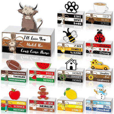 Briwooody 27 Pcs Interchangeable Table Decor Seasonal Bee Lemon Highland Cow Sign Farmhouse Mini Wood Book Stack Spring Summer Tiered Tray Decor for Home Office Desk Shelf Coffee Bar(Classic Style)