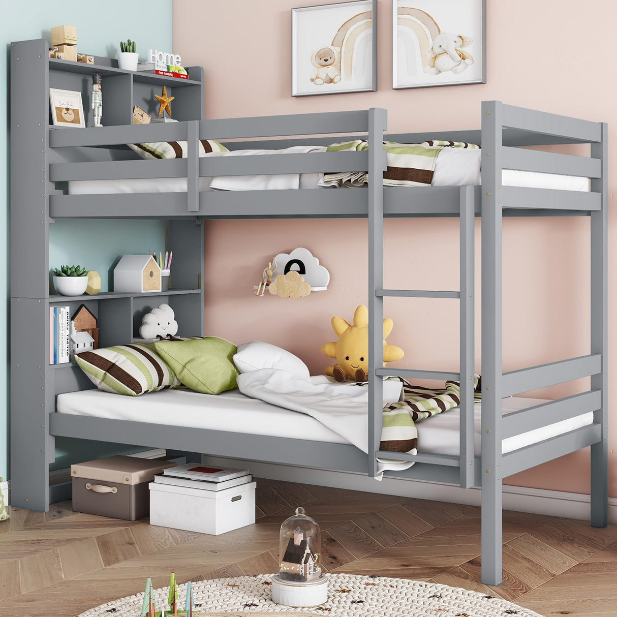 JIJIWANG Twin Over Twin Bunk Bed with Bookcase and Storage Solid Wood Bunk Beds Frame with Shelves, Convertible to 2 Beds, Grey JIJIWANG