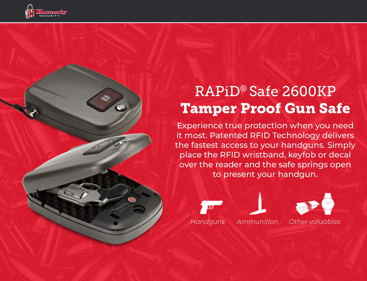 Hornady Rapid Safe 2600 KP – Portable Gun Safe for Firearms – RFiD Safe for Fast, Multiple Method Entry – Includes Rapid Safe, RFiD Wristband, Key Fob, 2 Decals, 2 Barrel Keys and Security Cable Hornady