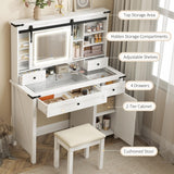HOMCOM Farmhouse Vanity Desk with Mirror, Rustic Makeup Vanity Table with LED Lights, Cushioned Stool, 42 Inch Glass Tabletop, Drawers & Shelves & Cabinet, Dressing Table Set for Bedroom, White HOMCOM
