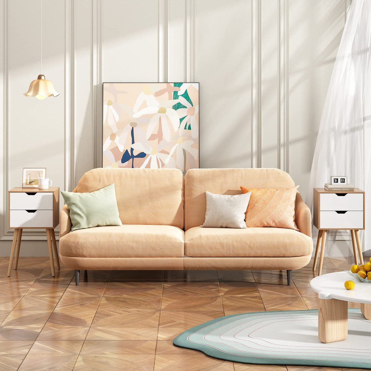 JAXPETY Nightstands Set of 2, Night Stand with Drawers, Bedside Tables with Solid Wood Legs and Large Storage Space, End Table, Side Table, for Bedroom, Natural JAXPETY