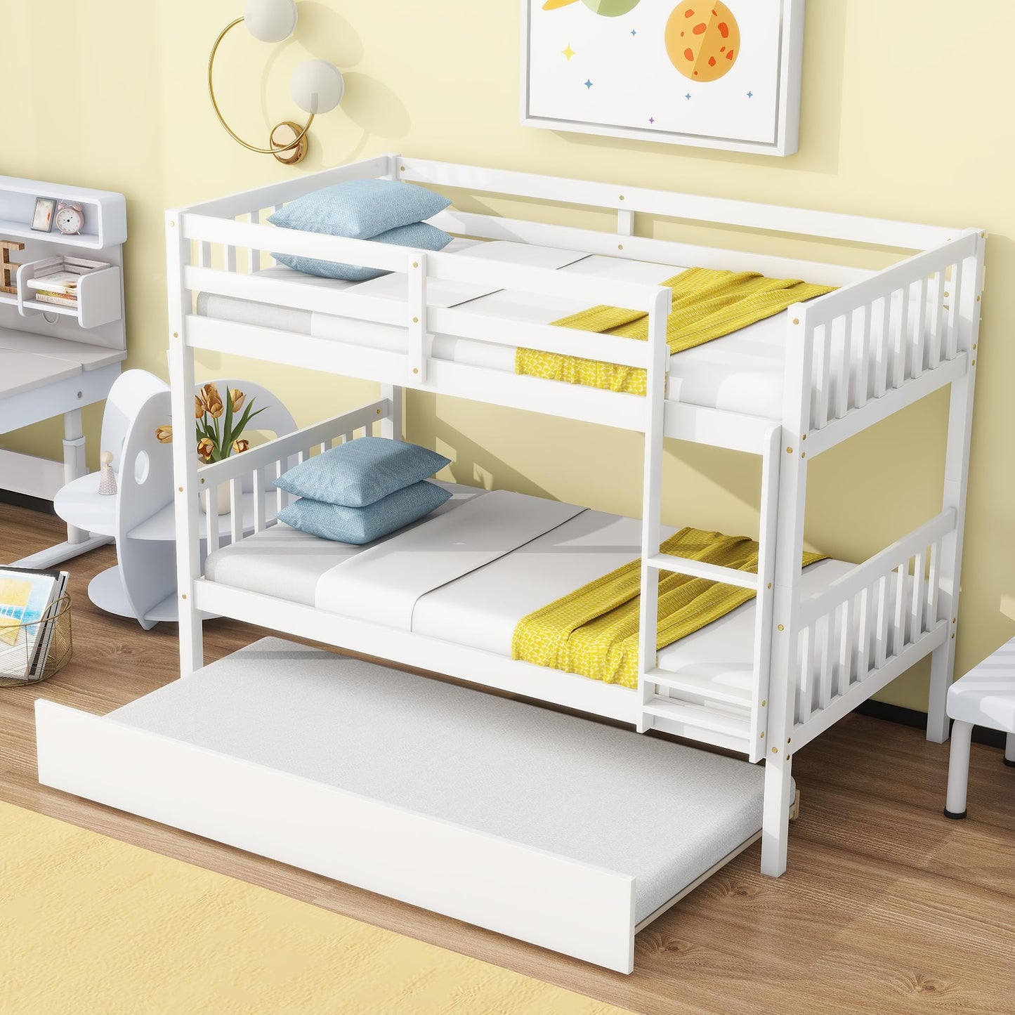 UOCFYK Twin Over Twin Wood Bunk Bed with Trundle for Kids Boys Girls,Solid Wood Bedframe w/Ladder & Safety Guardrails, Convertible into Twin Size Beds,No Box Spring Needed, White