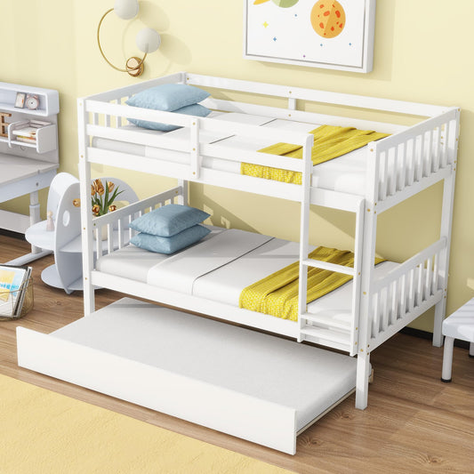 UOCFYK Twin Over Twin Wood Bunk Bed with Trundle for Kids Boys Girls,Solid Wood Bedframe w/Ladder & Safety Guardrails, Convertible into Twin Size Beds,No Box Spring Needed, White