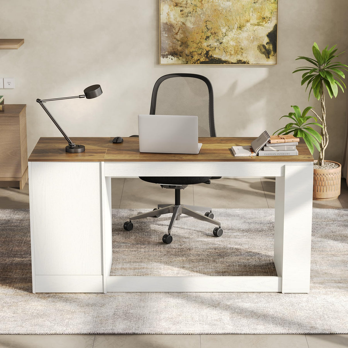 LITTLE TREE Office Desk with Drawers, 59" Farmhouse Executive Desk with Storage File Cabinet, Wooden Computer Writing Table for Home, Office, Bedroom, White & Brown LITTLE TREE