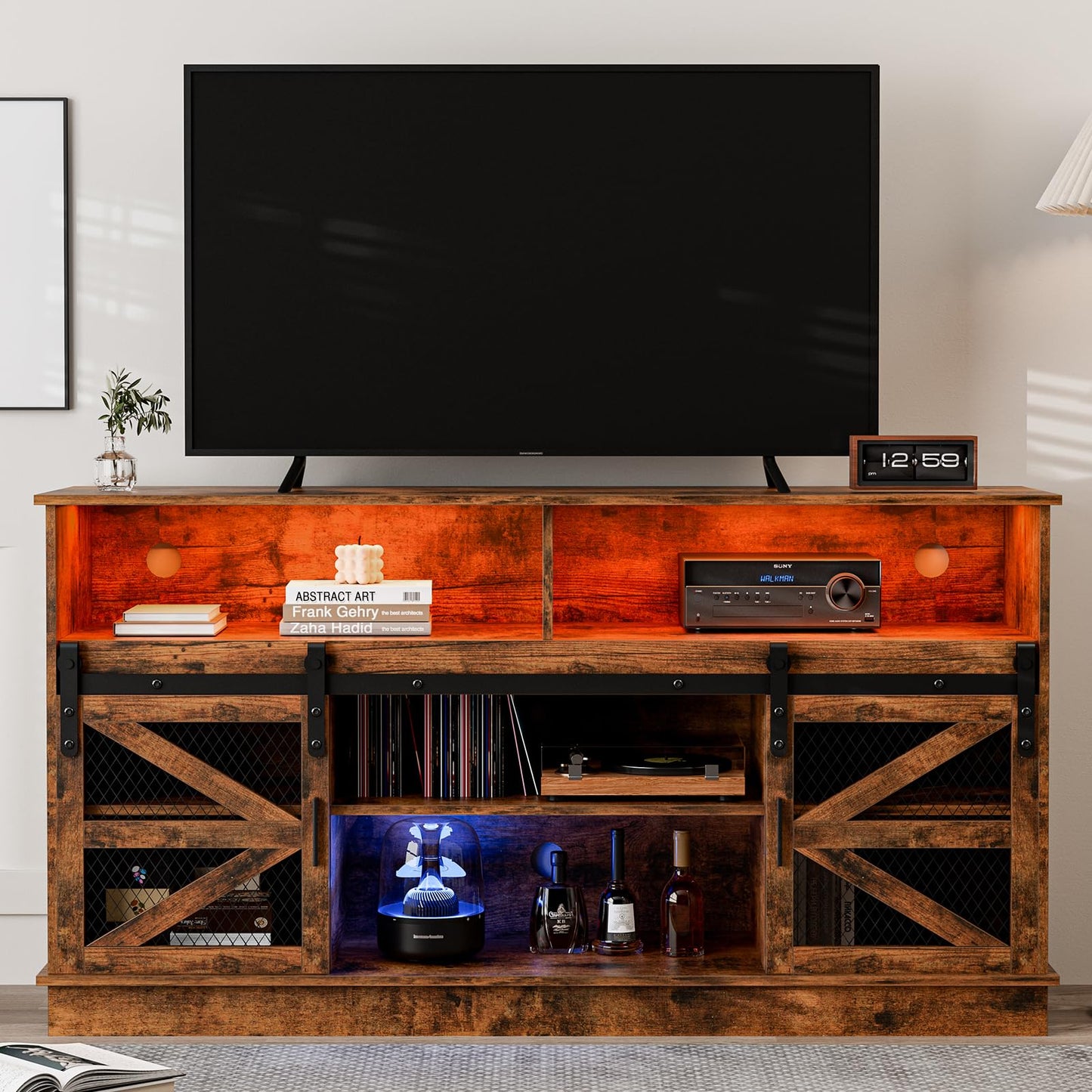 IKIFLY Farmhouse Barn Door TV Stand for 65+ Inch TV, Industrial Entertainment Center with LED Lights, Rustic TV Console Cabinet with Storage and Shelves for Living Room, Brown