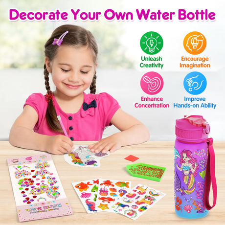 Mocoosy Decorate Your Own Water Bottle Kit for Girls, Art Crafts for Kids Ages 4-6-8-12, Unicorn & Mermaid Diamond Art Painting Toys Summer Craft Activity Birthday Gift Ideas for Girls 5-10 Years Old Mocoosy
