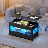 WLIVE Coffee Table, Lift Top Coffee Table with Drawers, LED Light, Large Storage and Open Shelf, Lift Tabletop for Living Room, Deep Black WLIVE