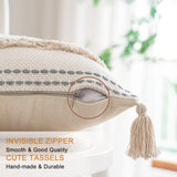 Boho Throw Pillow Covers 18x18 Set of 2 Woven Tufted Farmhouse Pillows Cover with Tassels Textured Striped Cushion Case Neutral Pillow Cases Decorative Pillowcase for Sofa, Couch, Bed, Khaki BUIOVBEY