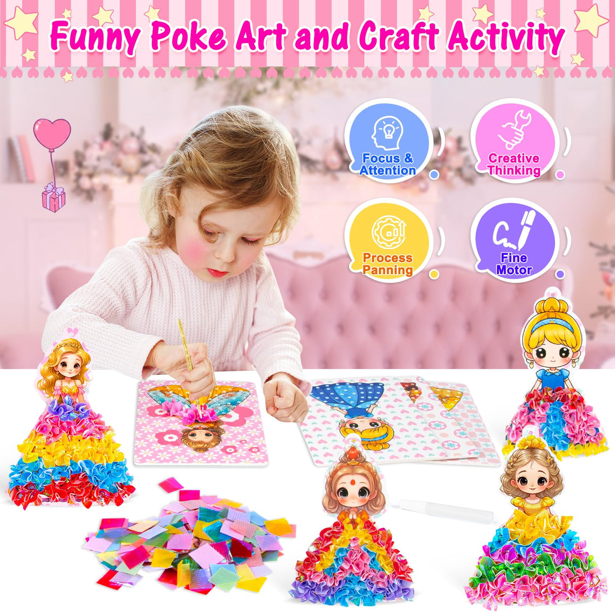 RIEYON Poke Poke Art - Magical Princesses Kits for Kids, 8 Princesses & 1 Flower Arts and Crafts Mess Free DIY Creative Activity Kits, Birthday Christmas Gifts for Girls & Boys Ages 5, 6, 7, 8, 9,10 RIEYON