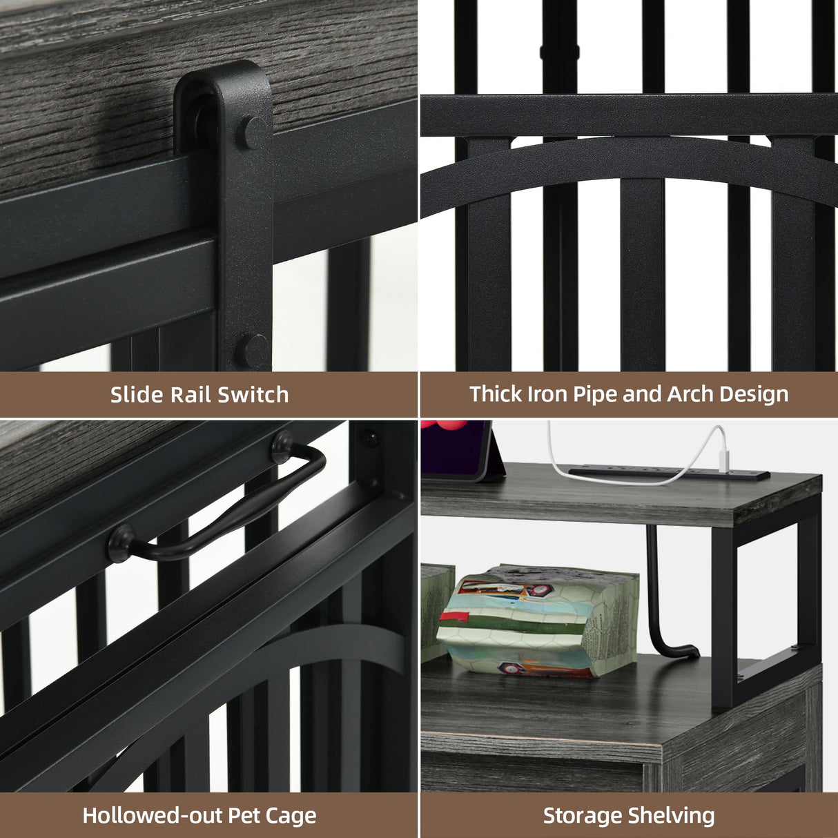 DWVO 71" Double Dog Crate Furniture with LED Light & Power Outlets, Heavy Duty Dual Dog Kennel TV Stand w Storage Shelves Sliding Doors, Wooden Two Dog Cage Table 2 Medium Large Dogs, Black Oak DWVO