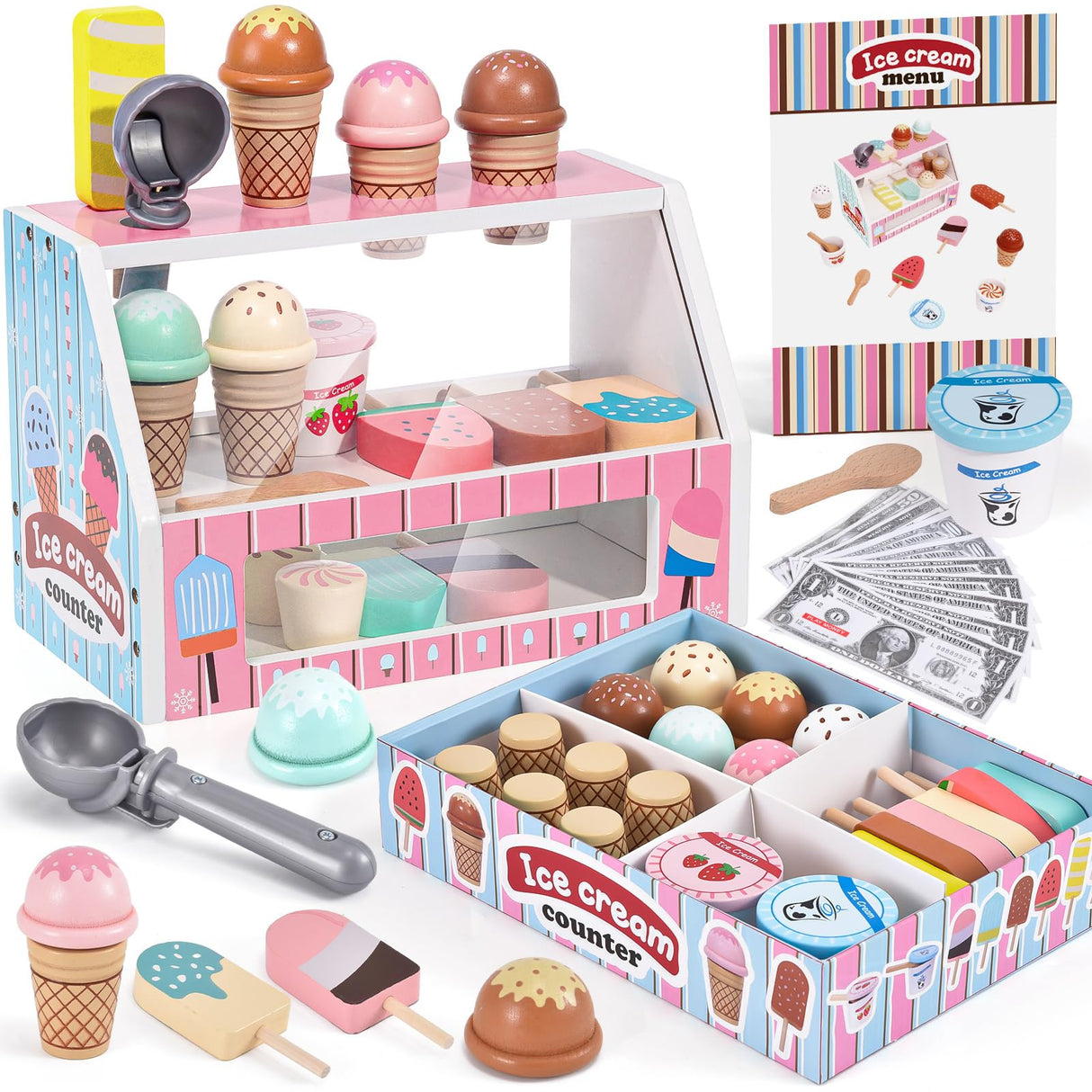 Wooden Ice Cream Toys Kids Kitchen Play Store for Toddlers Girls, Play Kitchen Accessories with Scoop & Menu & Fake Money, Wooden Toys for 3 4 5 Year Old Girls Boys Birthday Toyssa