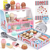 Wooden Ice Cream Toys Kids Kitchen Play Store for Toddlers Girls, Play Kitchen Accessories with Scoop & Menu & Fake Money, Wooden Toys for 3 4 5 Year Old Girls Boys Birthday Toyssa