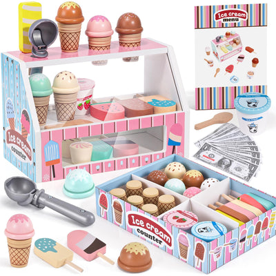 Wooden Ice Cream Toys Kids Kitchen Play Store for Toddlers Girls, Play Kitchen Accessories with Scoop & Menu & Fake Money, Wooden Toys for 3 4 5 Year Old Girls Boys Birthday