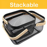 Cheardia 2 Pack Picnic Baskets, Metal Mesh Harvest Basket with Foldable Wooden Handle, Rectangle Garden Storage Basket Bin for Vegetable Fruit Garden Kitchen Cabinet Picking Gathering Cheardia