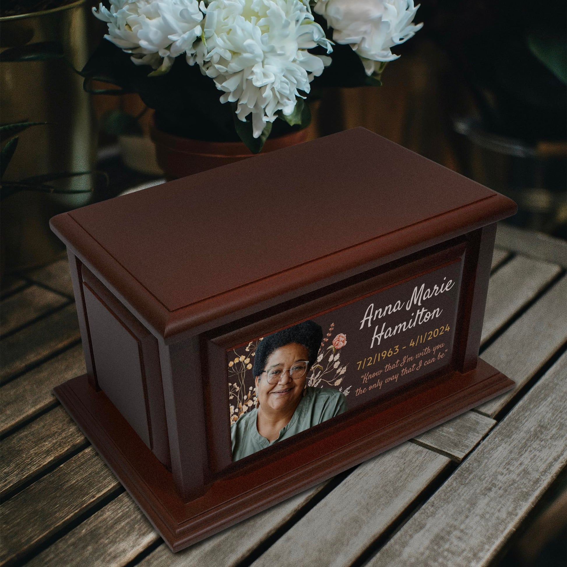 Personalized Solid Wood Human Urns for Ashes 250lbs, Custom Urn Box for Human Ashes, Large Burial and Cremation Urns for Ashes, Cherry Wood Color (Design 6) - WoodArtSupply