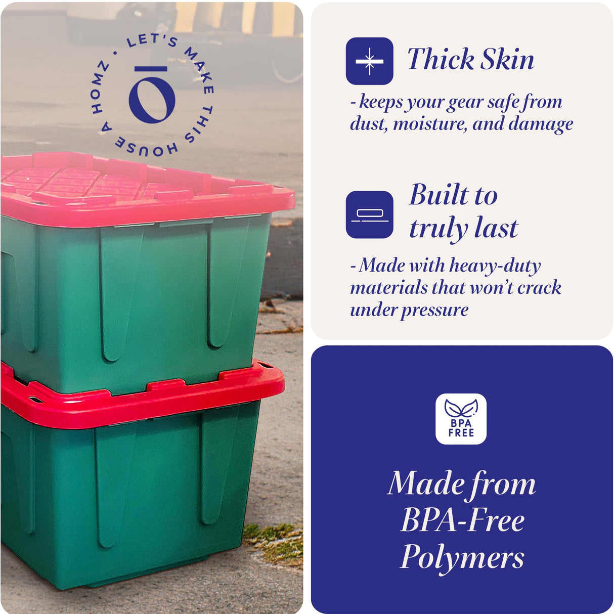 HOMZ 2-Pack Durabilt, Heavy Duty Plastic Storage Bins with Lids, 27 Gallon, Green/Red - Stackable Container Boxes for Holiday, Attic, and Garage Organization HOMZ