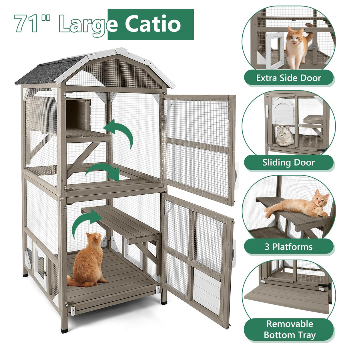 PetsCosset 71" Cat House Outdoor Catio Cat Enclosures, Indoor Kitty Cage Condo Attachable Window with 3 Platforms Waterproof Roof and Resting Box for Patio PetsCosset