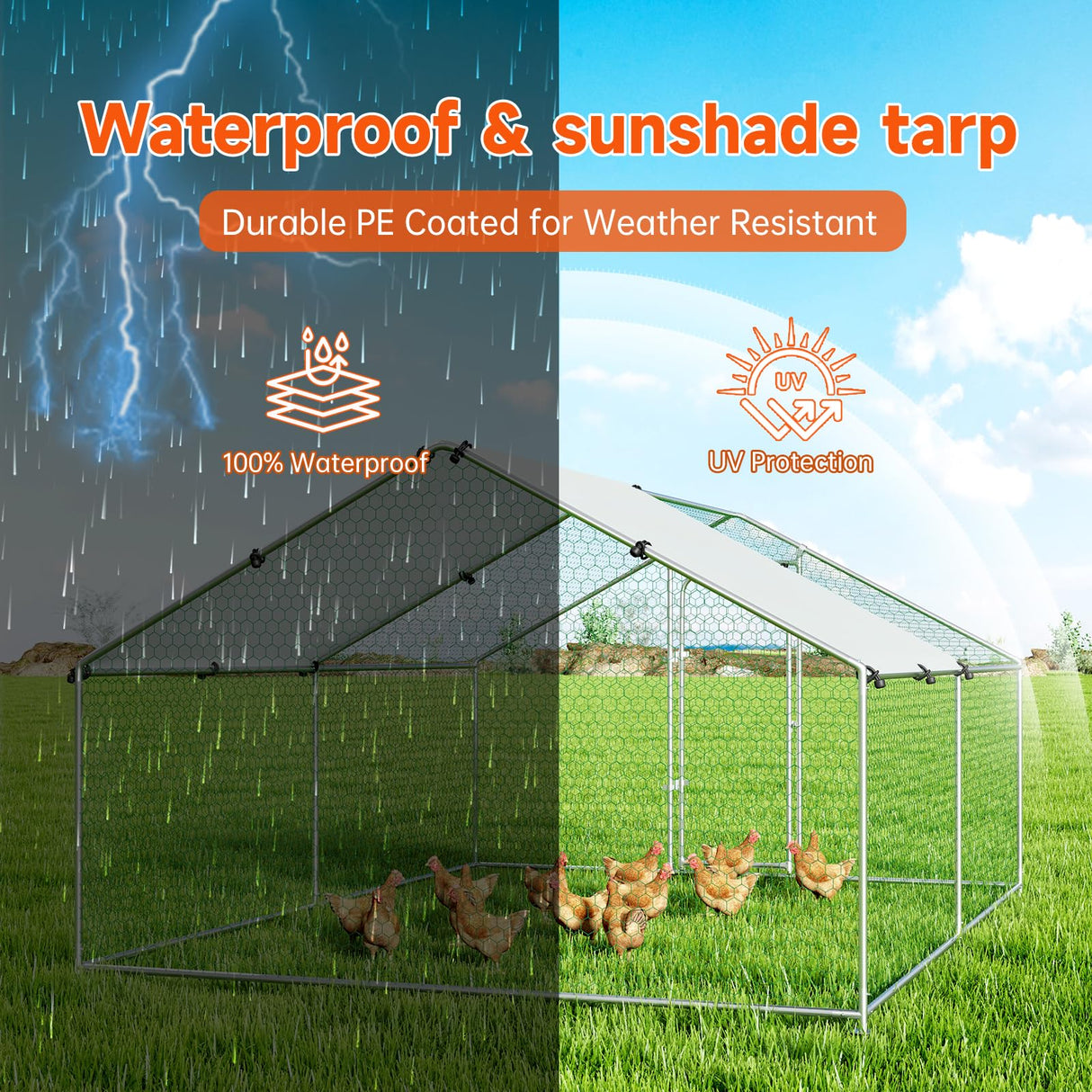 Chicken Coop Large Metal Chicken Run Poultry Cage with Water-Resident and Anti-UV Cover for Duck Rabbit House Outdoor Walk-in Chicken Pen for Yard, Spire Roof(10’ W x 13.2’ L x 6.4’ H) HIWOKK