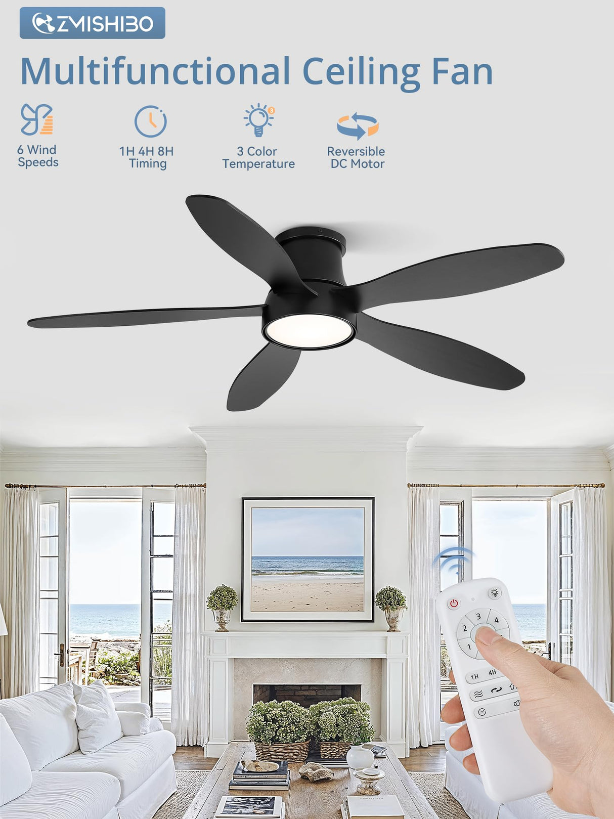 ZMISHIBO 52 Inch Ceiling Fans with Lights, Flush Mount Low Profile Ceiling Fan with Remote, Reversible, 3CCT, Noiseless, LED Ceiling Fan Lighting Fixture for Bedroom, Kitchen, Indoor-Black ZMISHIBO